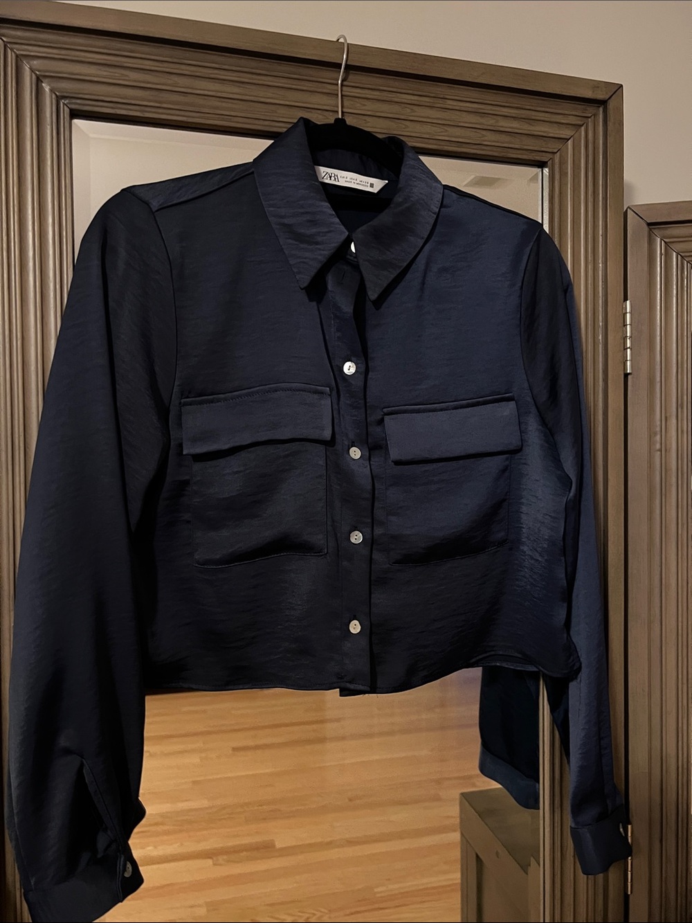 Blue Satin Long-Sleeve Pocket Button-Down Shirt. button 2nd from top missing
